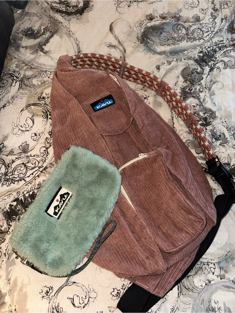 Kavu Dusty Mauve Corduroy Rope Sling Bag and Small Faux Fur Pouch